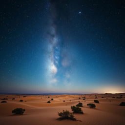 A breathtaking night desert scene filled with a starry sky, showcasing the shimmering Milky Way and the prominent bright star, known as the Shepherd Star