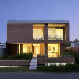 Two-story house, the ground floor designed with blocks. The second floor, though slightly more expensive in appearance, features a roof balcony made of glass. What sets the house apart are its soft, illuminating light colors.