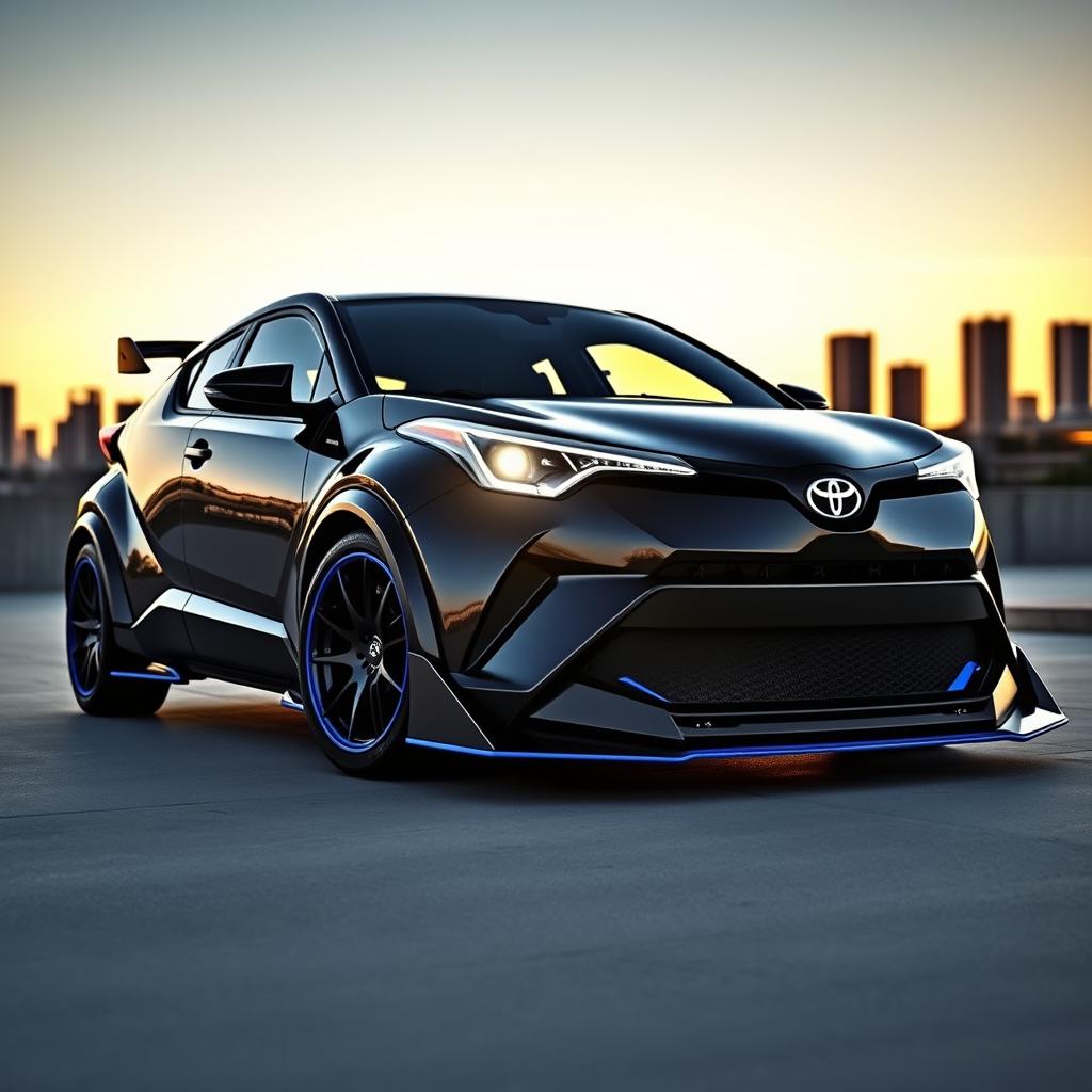 A striking Toyota C-HR featuring an impressive wide bodykit that enhances its sporty stance and aggressive appearance