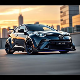 A striking Toyota C-HR featuring an impressive wide bodykit that enhances its sporty stance and aggressive appearance