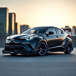 A striking Toyota C-HR featuring an impressive wide bodykit that enhances its sporty stance and aggressive appearance