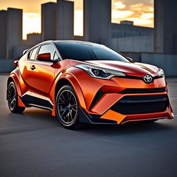 A Toyota C-HR with a striking wide body kit, showcasing aggressive styling and enhanced aerodynamics