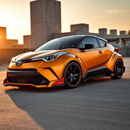 A Toyota C-HR with a striking wide body kit, showcasing aggressive styling and enhanced aerodynamics