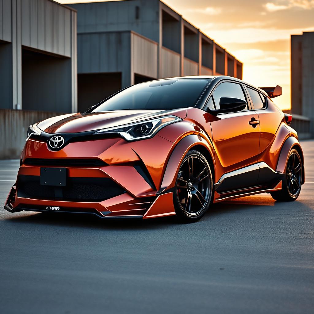 A Toyota C-HR with a striking wide body kit, showcasing aggressive styling and enhanced aerodynamics