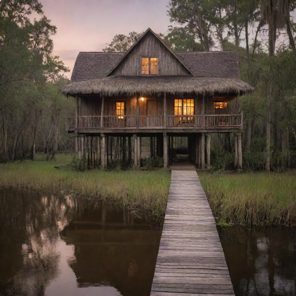 A cozy house situated in the deep swamps of Louisiana, constructed on wooden stilts, displays a thatched roof and interconnected boardwalks. The rustic charm is highlighted with earthy tones, glowing lanterns, and natural materials harmoniously blending with the swampy surroundings.