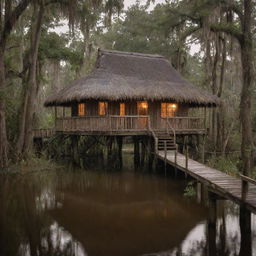 A cozy house situated in the deep swamps of Louisiana, constructed on wooden stilts, displays a thatched roof and interconnected boardwalks. The rustic charm is highlighted with earthy tones, glowing lanterns, and natural materials harmoniously blending with the swampy surroundings.