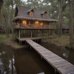 A cozy house situated in the deep swamps of Louisiana, constructed on wooden stilts, displays a thatched roof and interconnected boardwalks. The rustic charm is highlighted with earthy tones, glowing lanterns, and natural materials harmoniously blending with the swampy surroundings.