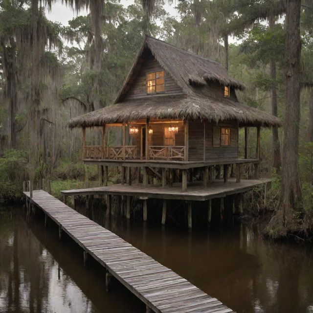 A cozy house situated in the deep swamps of Louisiana, constructed on wooden stilts, displays a thatched roof and interconnected boardwalks. The rustic charm is highlighted with earthy tones, glowing lanterns, and natural materials harmoniously blending with the swampy surroundings.