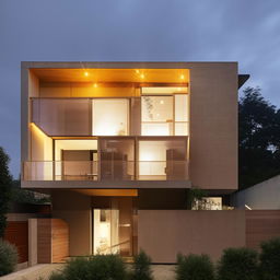 Two-story block house with no glass on the ground floor. The slightly more expensive upper floor features a glass roof balcony, all bathed in soft, light-colored lighting.