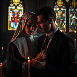 A dark and intense romantic scene showcasing a young nun in a traditional habit, her expression a blend of innocence and secrecy, entwined in a passionate connection with a successful man in a sharp business suit