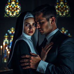 A dark and intense romantic scene showcasing a young nun in a traditional habit, her expression a blend of innocence and secrecy, entwined in a passionate connection with a successful man in a sharp business suit