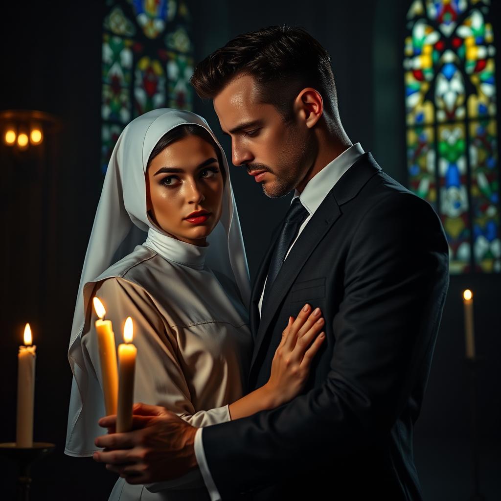 A dark and intense romantic scene showcasing a young nun in a traditional habit, her expression a blend of innocence and secrecy, entwined in a passionate connection with a successful man in a sharp business suit