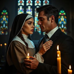 A dark and intense romantic scene showcasing a young nun in a traditional habit, her expression a blend of innocence and secrecy, entwined in a passionate connection with a successful man in a sharp business suit