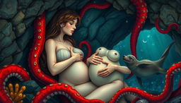 A captivating and surreal illustration of a beautiful naked lady in a mystical cave, gently squeezing her large breasts while surrounded by vibrant tentacles