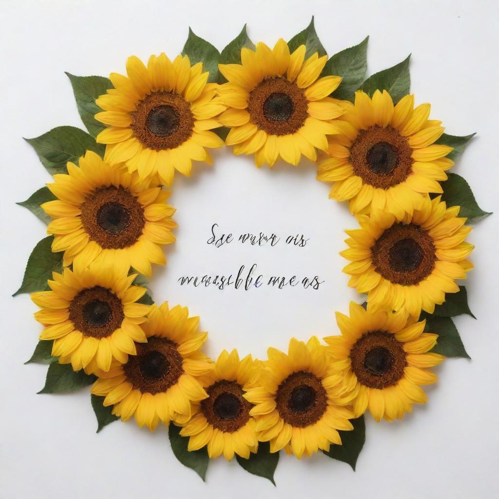 Medium-sized aesthetic sunflowers at the center on a white background, with the phrase 'Se mueren hasta las flores que me das' encircling the sunflowers.