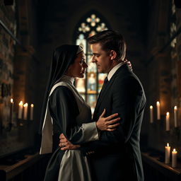 A dark and mysterious romance featuring a young nun in a classic habit, her face reflecting a mix of innocence and complexity, locked in a tense and passionate embrace with a successful man dressed in a sharp black suit