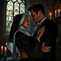 A dark and mysterious romance featuring a young nun in a classic habit, her face reflecting a mix of innocence and complexity, locked in a tense and passionate embrace with a successful man dressed in a sharp black suit