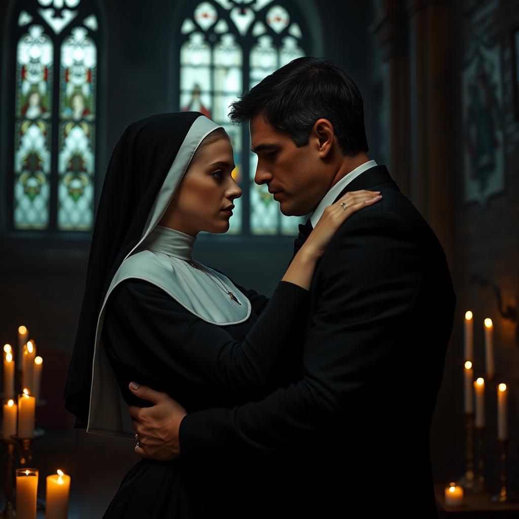 A dark and mysterious romance featuring a young nun in a classic habit, her face reflecting a mix of innocence and complexity, locked in a tense and passionate embrace with a successful man dressed in a sharp black suit