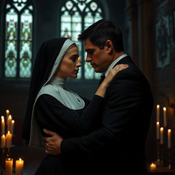 A dark and mysterious romance featuring a young nun in a classic habit, her face reflecting a mix of innocence and complexity, locked in a tense and passionate embrace with a successful man dressed in a sharp black suit