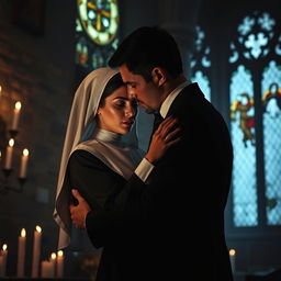 A dark and mysterious romance featuring a young nun in a classic habit, her face reflecting a mix of innocence and complexity, locked in a tense and passionate embrace with a successful man dressed in a sharp black suit