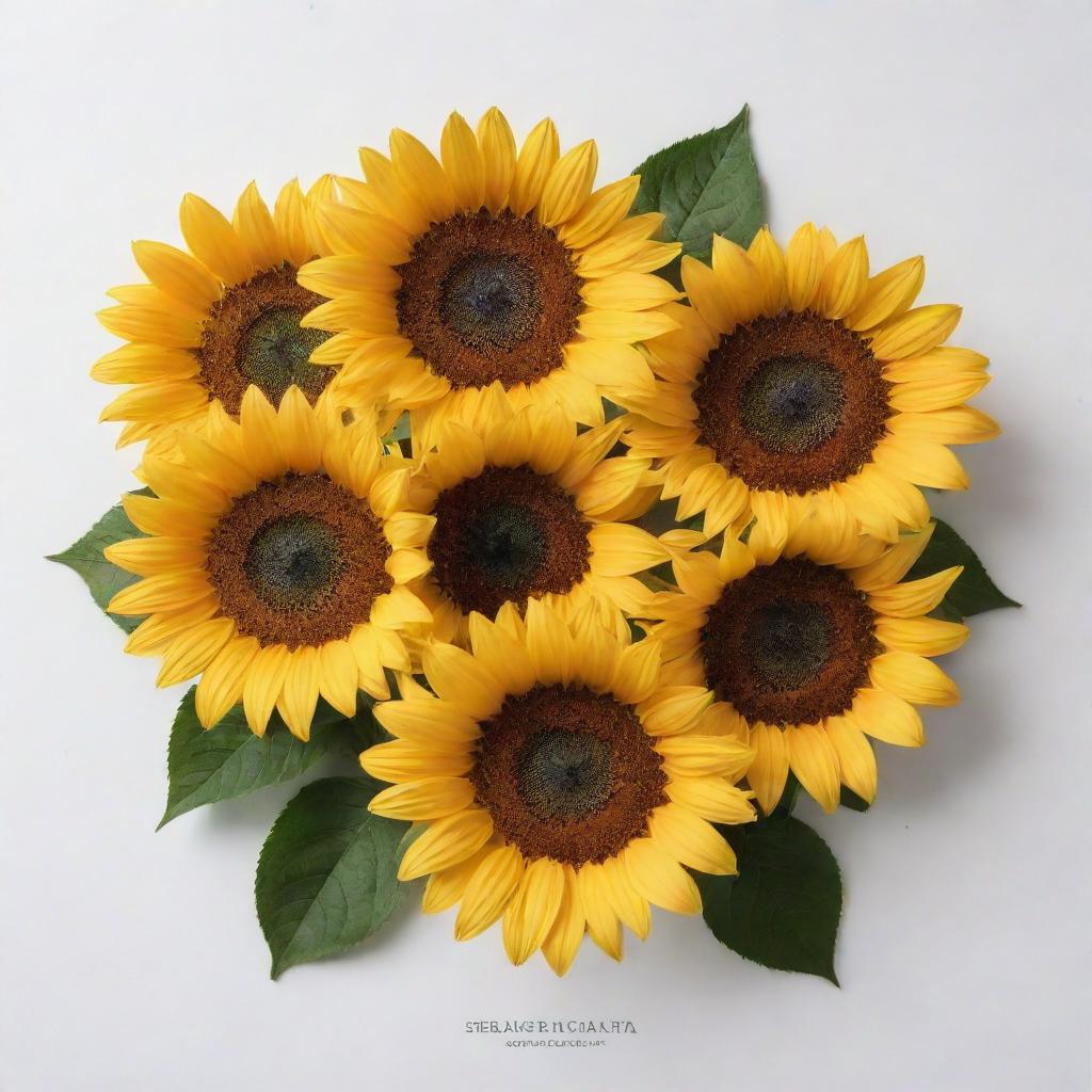 Medium-sized aesthetic sunflowers at the center on a white background, with the phrase 'Se mueren hasta las flores que me das' encircling the sunflowers.