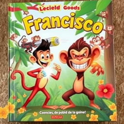 A vibrant book cover illustration featuring Francisco, a charismatic monkey with an adventurous expression, standing bravely in a jungle setting