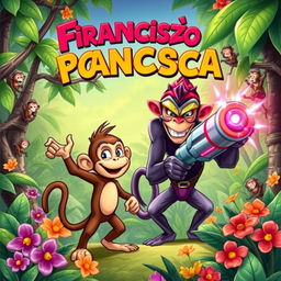 A vibrant book cover illustration featuring Francisco, a charismatic monkey with an adventurous expression, standing bravely in a jungle setting