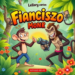 A vibrant book cover illustration featuring Francisco, a charismatic monkey with an adventurous expression, standing bravely in a jungle setting