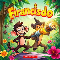 A vibrant book cover illustration featuring Francisco, a charismatic monkey with an adventurous expression, standing bravely in a jungle setting