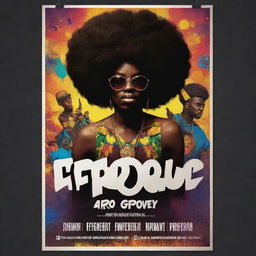 Create a vibrant, energetic poster showcasing the Afro Groove party scene, complete with a DJ, crowd, lightings and featuring the name 'AfroGroovd' prominently on a visually appealing layout.