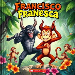 A captivating book cover illustration showcasing Francisco, a brave monkey with an expressive face, standing defiantly in a dynamic jungle scene