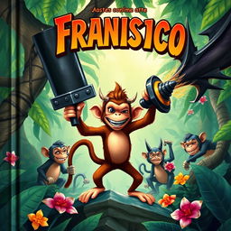 A captivating book cover illustration showcasing Francisco, a brave monkey with an expressive face, standing defiantly in a dynamic jungle scene