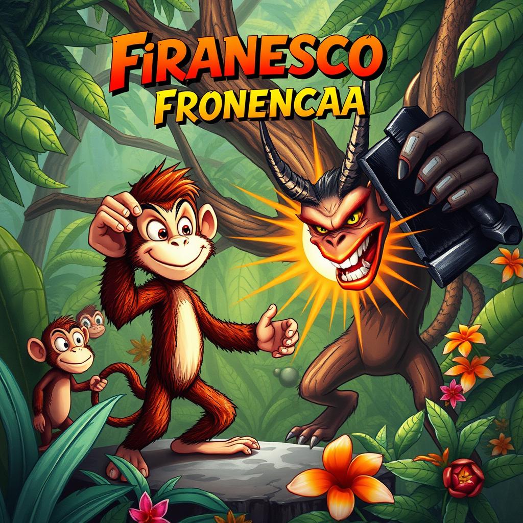 A captivating book cover illustration showcasing Francisco, a brave monkey with an expressive face, standing defiantly in a dynamic jungle scene