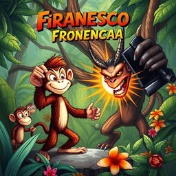 A captivating book cover illustration showcasing Francisco, a brave monkey with an expressive face, standing defiantly in a dynamic jungle scene