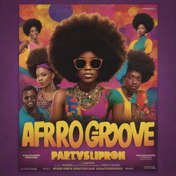 Create a vibrant, energetic poster showcasing the Afro Groove party scene, complete with a DJ, crowd, lightings and featuring the name 'AfroGroovd' prominently on a visually appealing layout.