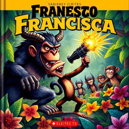 A captivating book cover illustration showcasing Francisco, a brave monkey with an expressive face, standing defiantly in a dynamic jungle scene