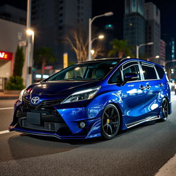 A Toyota Verso-S featuring a sleek wide body kit, showcasing its sporty design along with a deep night blue color