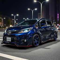 A Toyota Verso-S featuring a sleek wide body kit, showcasing its sporty design along with a deep night blue color