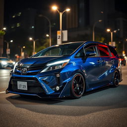 A Toyota Verso-S featuring a sleek wide body kit, showcasing its sporty design along with a deep night blue color