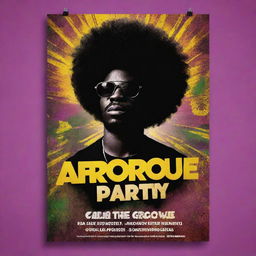 Create a vibrant, energetic poster showcasing the Afro Groove party scene, complete with a DJ, crowd, lightings and featuring the name 'AfroGroovd' prominently on a visually appealing layout.