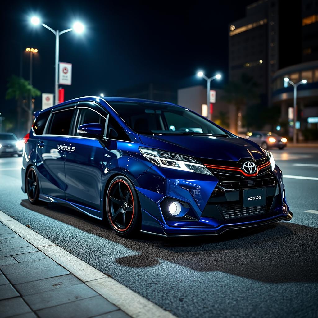 A Toyota Verso-S featuring a sleek wide body kit, showcasing its sporty design along with a deep night blue color