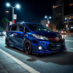 A Toyota Verso-S featuring a sleek wide body kit, showcasing its sporty design along with a deep night blue color