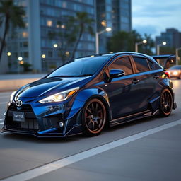 A modified Toyota Ractis featuring a wide bodykit, painted in a sleek dark blue color