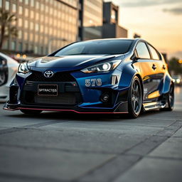 A modified Toyota Ractis featuring a wide bodykit, painted in a sleek dark blue color