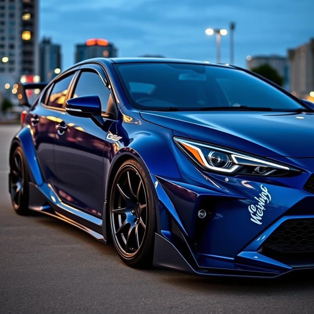 A modified Toyota Ractis featuring a wide bodykit, painted in a sleek dark blue color