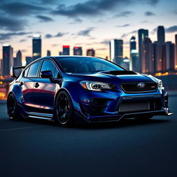 A modified Subaru Trezia showcasing a wide bodykit, painted in a striking dark blue color