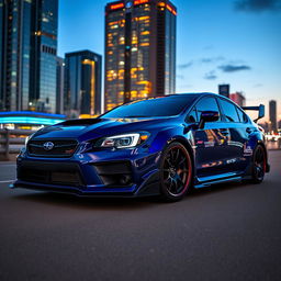 A modified Subaru Trezia showcasing a wide bodykit, painted in a striking dark blue color