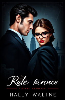 A dark romance ebook cover featuring a handsome mobster with dark hair and piercing blue eyes, elegantly dressed in a sleek black suit, standing confidently in front of a stunning woman with chestnut brown hair and full red lips, exuding elegance in her sharp executive outfit and stylish, seductive glasses