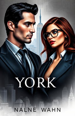 A dark romance ebook cover featuring a handsome mobster with dark hair and piercing blue eyes, elegantly dressed in a sleek black suit, standing confidently in front of a stunning woman with chestnut brown hair and full red lips, exuding elegance in her sharp executive outfit and stylish, seductive glasses