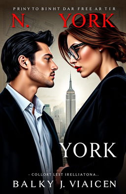 A dark romance ebook cover featuring a handsome mobster with dark hair and piercing blue eyes, elegantly dressed in a sleek black suit, standing confidently in front of a stunning woman with chestnut brown hair and full red lips, exuding elegance in her sharp executive outfit and stylish, seductive glasses